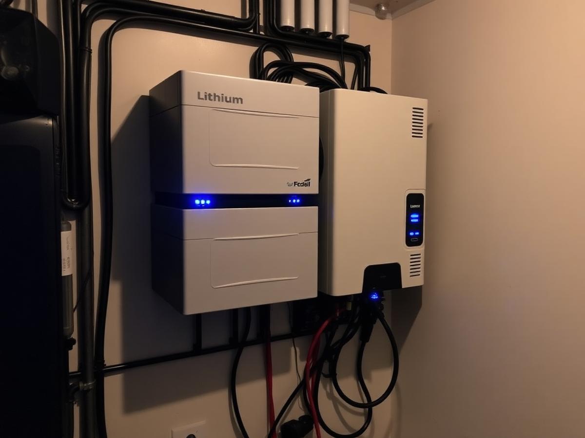 Lithium battery bank and hybrid inverter stack mounted in a utility room - Sunfetch install